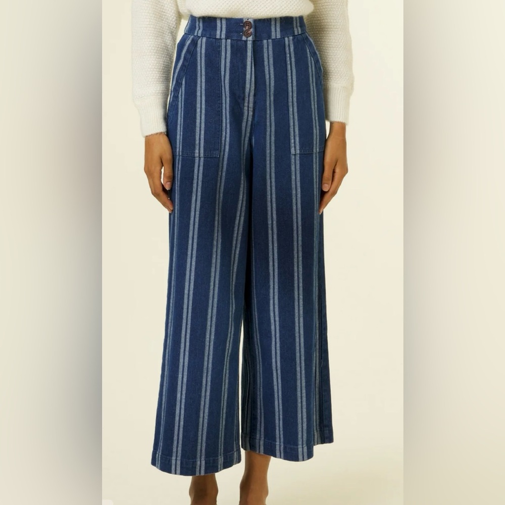 FRNCH The Pelly Stripped Women Wide Leg Blue Denim Pants MED W28 L38 100% Cotton